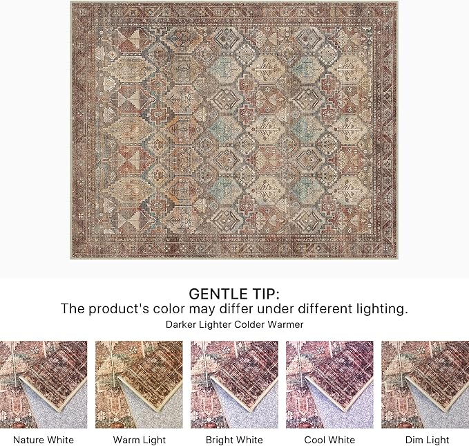 Bavni Washable Rug 5x7 Area Rug for Living Room Bedroom Dining, Washable Vintage Print Carpet, Ultra-Thin Low Pile Lightweight Rug with Non Slip Backing, Reddish Brown