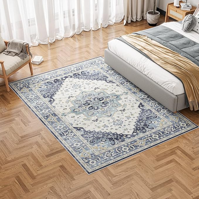 Dripex Vintage Washable Area Rug - 3x5 Entryway Rug for Indoor Door Mat Low-Pile Non-Slip Bedside Rug Bedroom Oriental Medallion Floral Print Carpet Soft Accent Rug Farmhouse Office Home Decor