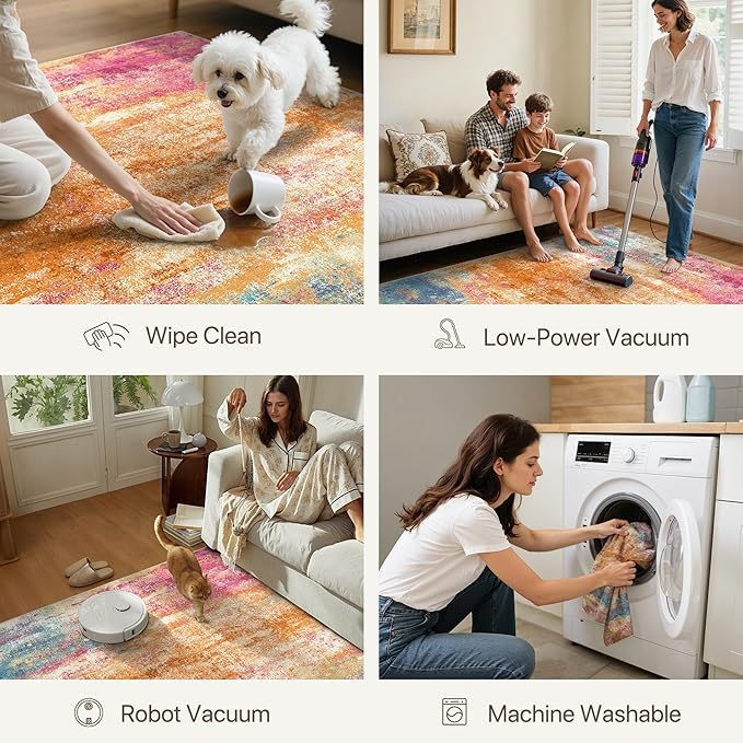 Area Rugs 8x10 Washable Pink Rug for Living Room Nursery, Modern Abstract Large Rug Non Slip, Water Repellent Low Pile Soft Carpet for Bedroom, Dining Room, Home Office, Colorful Pink