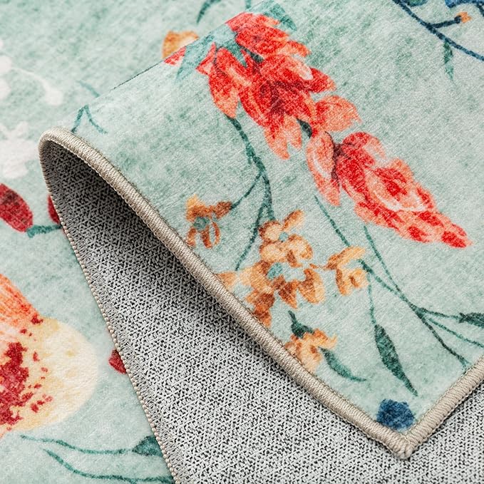 Green Area Rug 8x10 Floral Washable Living Room Kitchen Boho Carpet Non Slip Low Pile Indoor Accent Lightweight Soft Throw Rug for Bedroom Office Dining Room Nursery Farmhouse