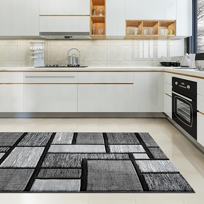 Area Rug Modern 2x7 Grey Black Squares Geometry Soft Hand Carved Contemporary Floor Carpet Fluffy Texture for Indoor Living Dining Room and Bedroom Area