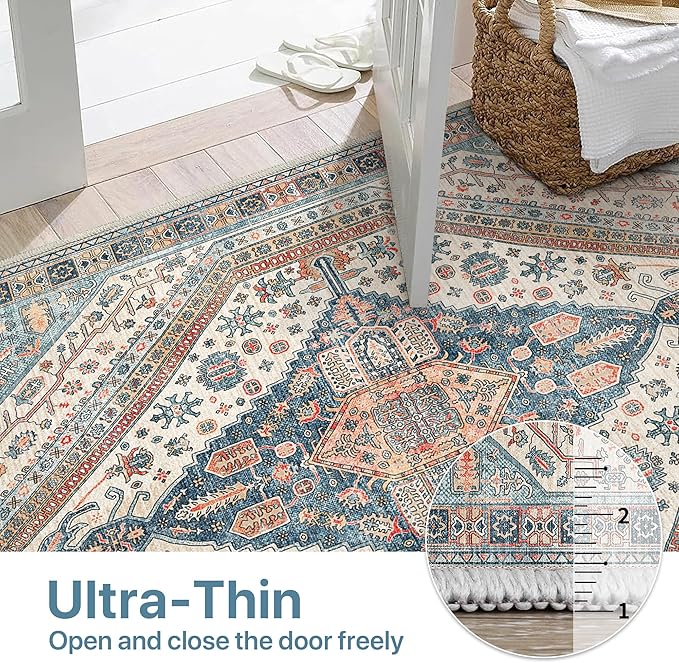 Bavni Kitchen Rug 2x7 Runner Rugs for Hallways Entryway, Washable Vintage Print Carpet, Ultra-Thin Chenille Low Pile Lightweight Rug with Non Slip Backing, Blue/Orange
