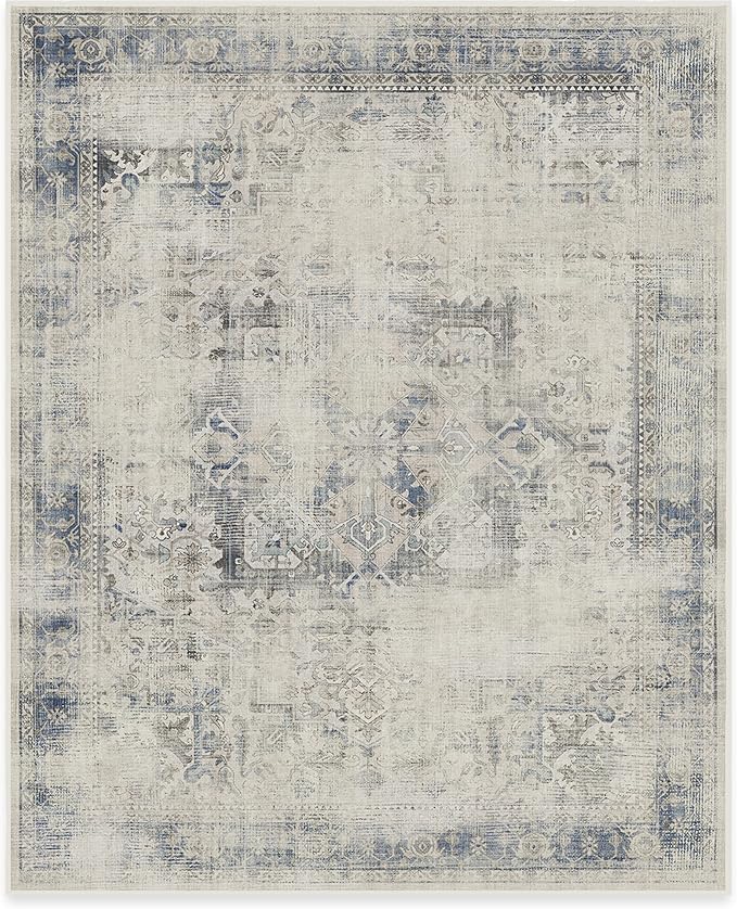 RUGGABLE Washable Vintage Area Rug – Kamran Blue Quartz 8x10, Stain-Resistant, Non-Slip – Large Machine Washable Rugs for Living Room, Bedroom, Hallway, Entryway & Office–with Standard Pad