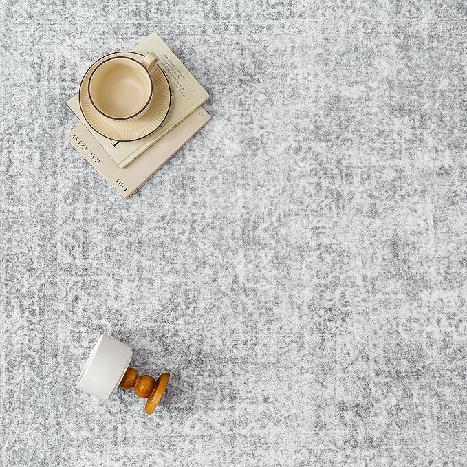 4x6 Area Rug Washable Vintage Entryway Living Room Carpet Indoor Office Non Slip Grey Entrance Distressed Low Pile Retro Accent Throw Rug for Dining Room Bathroom Bedroom Laundry
