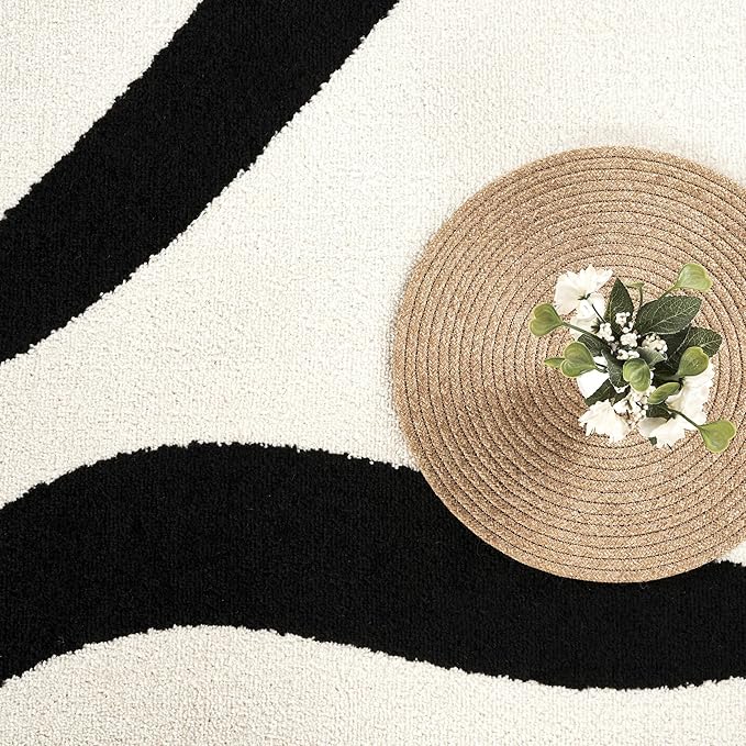 Abani Abstract Beige/Black Area Rug - 6'x9' - Modern Curved Line Design - Deco Collection - Easy to Clean - Durable for High Traffic Areas - Bedroom, Office & Kitchen - Medium Pile