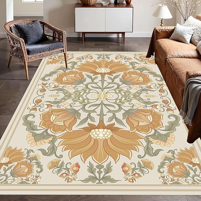 Abstract Sunflower Area Rugs, 5x8ft, Traditional Rustic Vintage Tropical Floral Theme Beige Farmhouse Boho Carpet, Shaggy Low Pile Fade Resistant Home Goods Rug for Living Room Kitchen