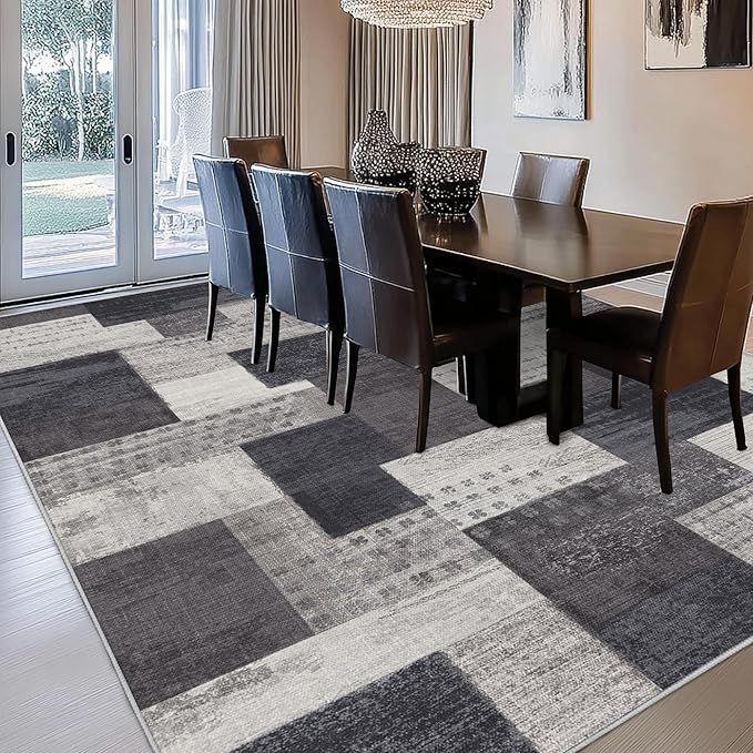 Modern Geometric Patchwork Indoor Area Rug for Living Room, Charcoal 8'x 10' Large Rug Rockwood Collection Hardwood Floors Decor for Bedroom, Grey Throw Carpet for Office Entryway Dining Room