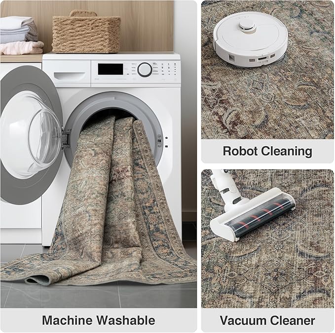 FMFUNCTEX 8x10 Washable Area Rug Brown Vintage Neutral Distressed Large Non Slip Carpet for Living Room Bedroom Soft Low Pile Indoor Mat Retro Throw Rug for Dining Room Kitchen Office Nursery, Multi