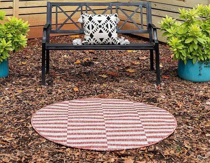 Unique Loom Outdoor Collection Classic Stripes, Transitional Indoor & Outdoor Area Rug, Rectangular 4' 0" x 4' 0", Red/Ivory