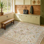 Washable Area Rugs 5x7 for Living Room - Boho Cottagecore Earthy Rugs for Bedroom, Dinning Room, Office with Vintage Beige Taupe Botanical & Bird Pattern, Non Slip Stain Resistant Low Pile