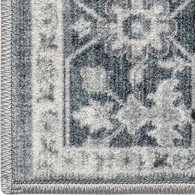 DEXI 10x14 Area Rug for Living Room, Washable Vintage Farmhouse Thin Rug Indoor Floor, Non Slip Stain Resistant Low Pile Carpet for Dining Room Bedroom Office, Blue Grey