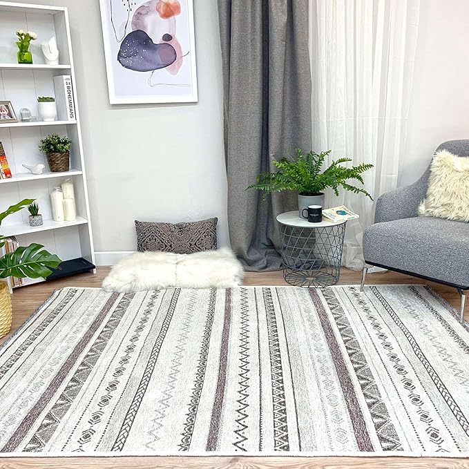 Alfa Rich 4x6 Gray Off White Washable Area Rugs for Living Room Bedroom Kitchen Decor Cotton Rug