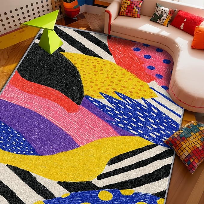 Pop Art Rug - 4x6 Rug, Colorful Abstract Area Rugs, Hippie Aesthetic Funky Low Pile Stain Resistant Floor Carpets House Decor #C005