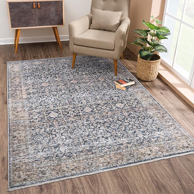 Bloom Rugs Washable Non-Slip 10x14 Rug - Dark Blue/Tan Traditional Oriental Area Rug for Living Room, Bedroom, Dining Room, and Kitchen - Exact Size: 10' x 14'
