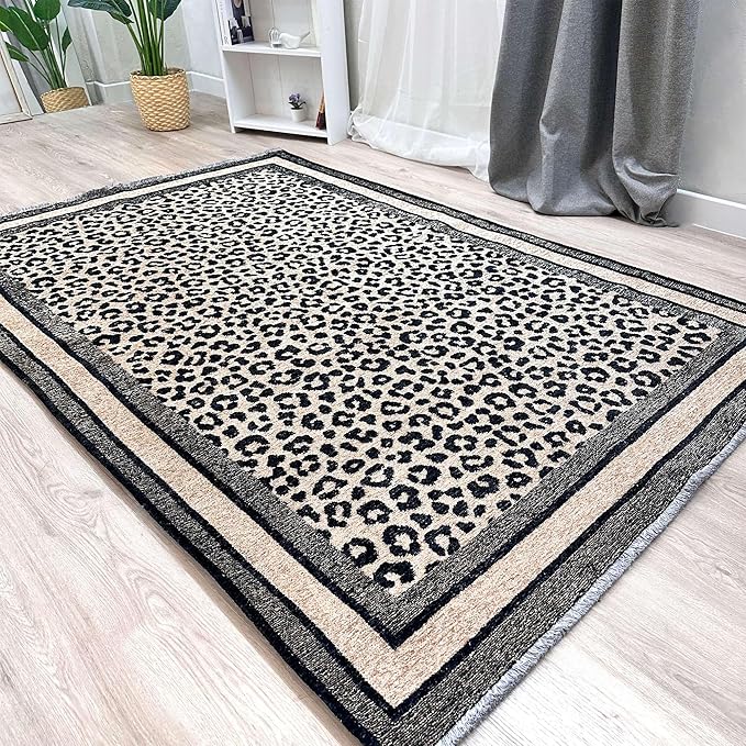Alfa Rich 5x8 Leopard Beige Black Washable Area Rugs for Living Room Bedroom Kitchen Cotton Rug