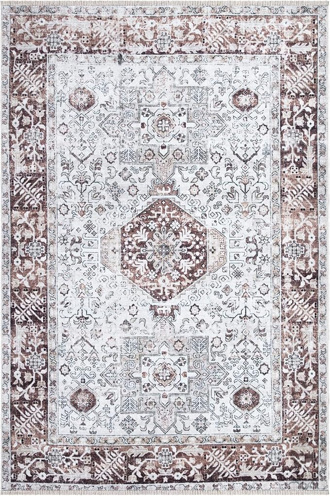 Bloom Rugs Caria Washable Non-Slip 6x9 Rug - Beige/Brown Traditional Area Rug for Living Room, Bedroom, Dining Room, and Kitchen - Exact Size: 6' x 9'