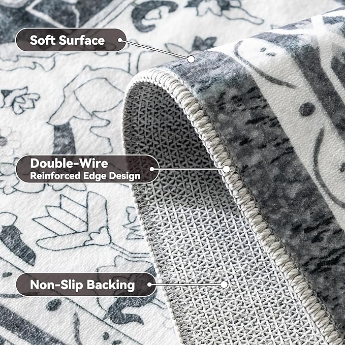 EnHomee 5x7 Area Rugs Washable for Bedroom, Boho Vintage Rugs, Foldable Area Rug for Dining Room, Non-Slip Soft Living Room Rug, Low Pile Large Carpet for Bathroom, Grey
