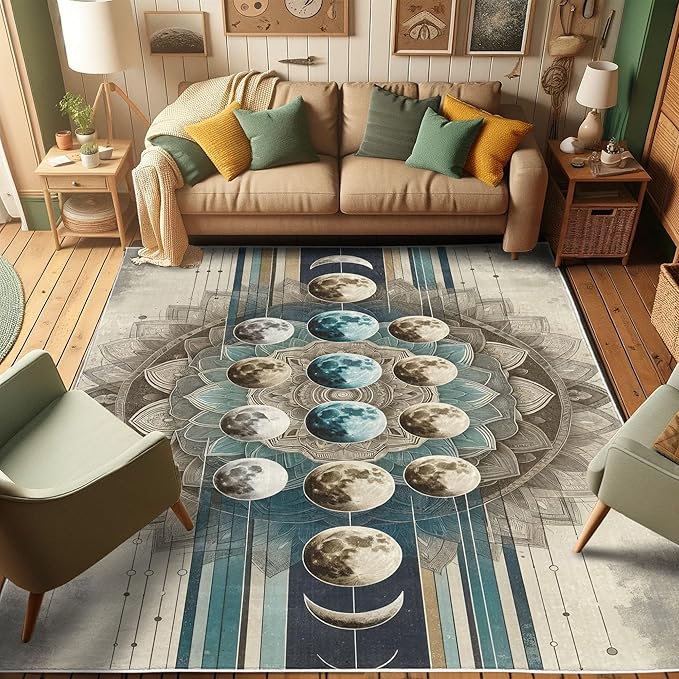 Ambesonne Lunar Art Decorative Rug, Oriental Bohemian Mandala with Moon Phase and Abstract Lines Modern, Quality Carpet for Bedroom Dorm and Living Room, 5' 1" X 7' 5", Cadet Blue and Eggshell