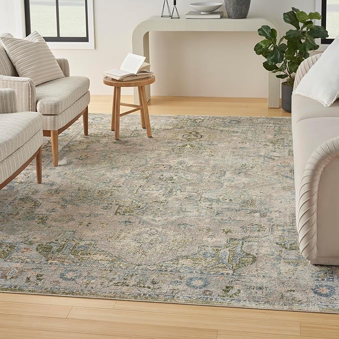 Nourison Home Astra Machine Washable Blue Green 6'7" x 9' Area Rug - Easy Clean, Non Shedding, Bed Room, Living Room, Dining Room, Kitchen (7' x 9')