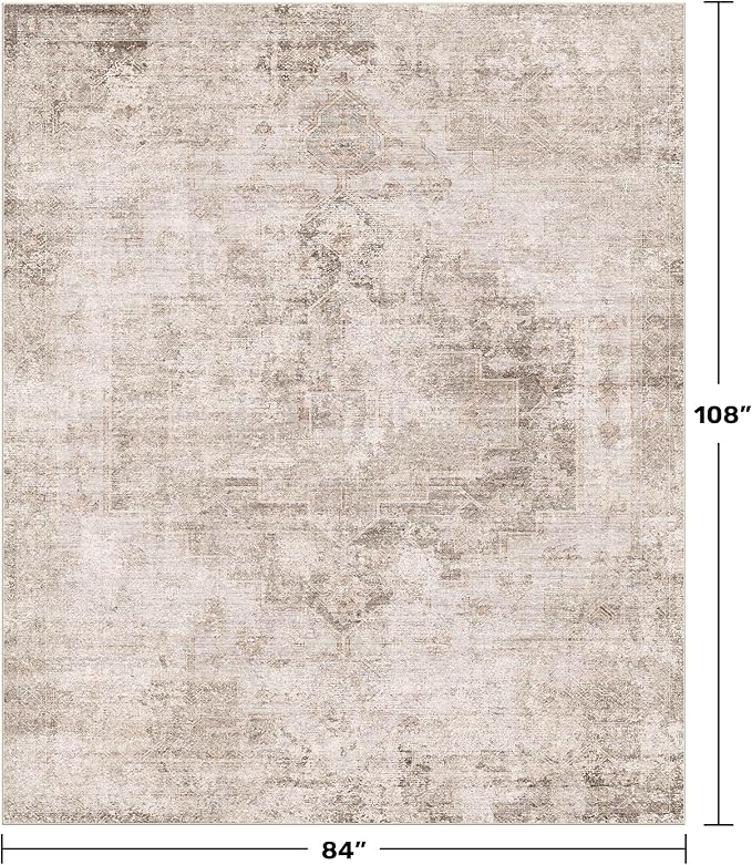 Neutral Farmhouse Area Rug for Bedroom - 7x9 Washable Rug for Dining Room Table, Ultra-Thin Soft Textured Boho Abstract Indoor Decor, Fade & Stain Resistant