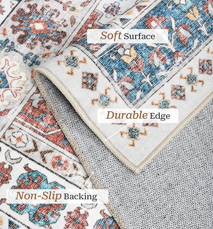 zesthome 5x7 Area Rugs - Ultra-Thin Washble Rug, Stain Resistant Anti Slip Backing Rugs for Living Room,Bedroom, Vintage Home Decor Area Rug (Navy Blue/Red,5'x7')