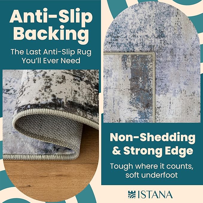 Istana Hallway Runner Rug 2x6 - Grey Navy Kitchen Rugs Non Slip Washable -Silk's Soft Touch Carpet Runner - Stylish Rug for Home