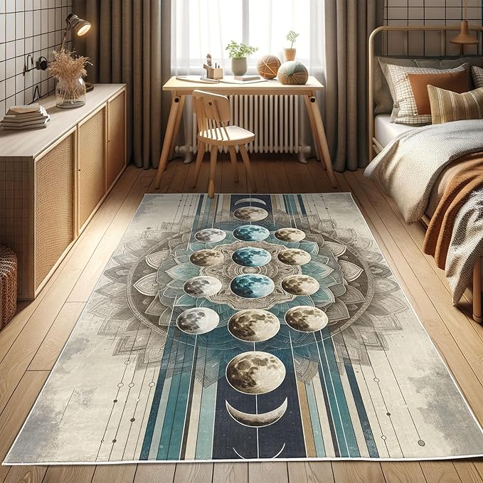 Ambesonne Lunar Art Decorative Rug, Oriental Bohemian Mandala with Moon Phase and Abstract Lines Modern, Quality Carpet for Bedroom Dorm and Living Room, 5' 1" X 7' 5", Cadet Blue and Eggshell