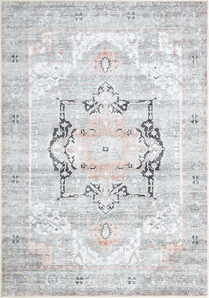 Bloom Rugs Washable Non-Slip 3' x 5' Rug - Gray/Coral Pink Traditional Area Rug for Living Room, Bedroom, Dining Room, and Kitchen - Exact Size: 3' x 5'