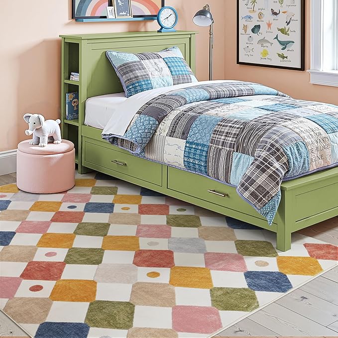 jinchan Macy Area Rug 5x7 Kids Washable Indoor Floor Cover Non-Slip Modern Soft Rug Elementary School Classroom Colorful Diamond Carpet for Nursery Playroom Daycare Bedroom Living Room Circus on Cream
