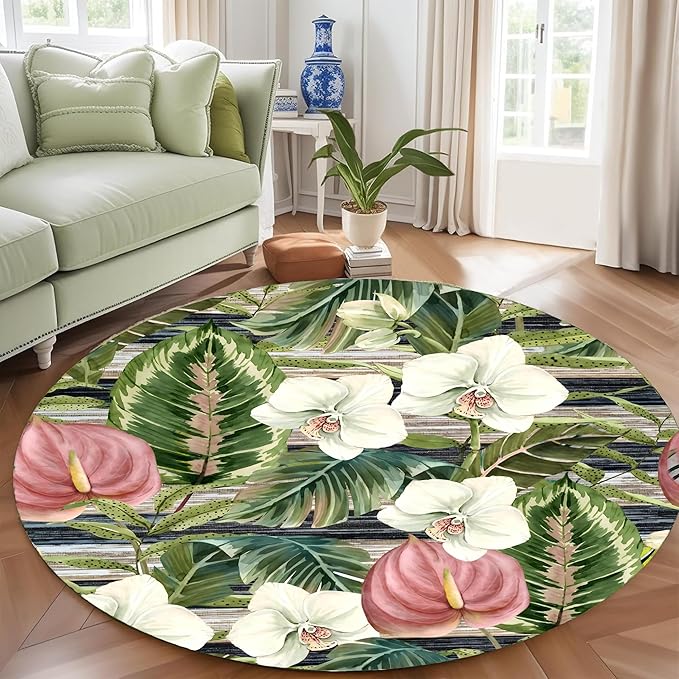 4ft Round Indoor Rug Non-Shedding Machine Washable，Low Pile Non-Slip Carpet with Tropical Floral Pattern，Soft Floor Mat for Living Room, Bedroom, Mudroom Easy Clean Home Decor