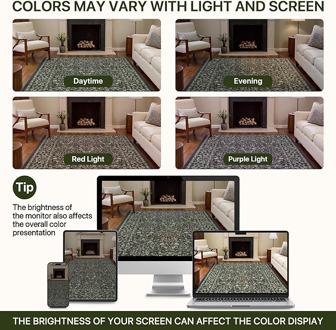 Bavni 5x7 Area Rugs for Living Room, Floral Rug Machine Washable Non Slip, Vintage Boho Forest Carpet, Soft Low Pile Thin Lightweight Rugs for Bedroom, Farmhouse, Dining Room Office, Emerald Green