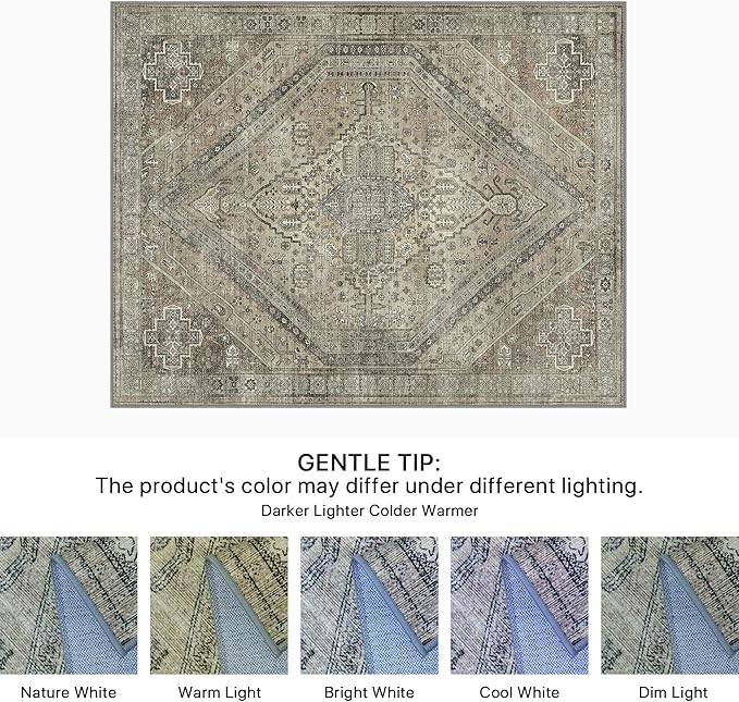 Bavni Washable Rug 8x10 Area Rug for Living Room Bedroom Dining, Washable Vintage Print Carpet, Ultra-Thin Chenille Low Pile Lightweight Rug with Non Slip Backing, Tan