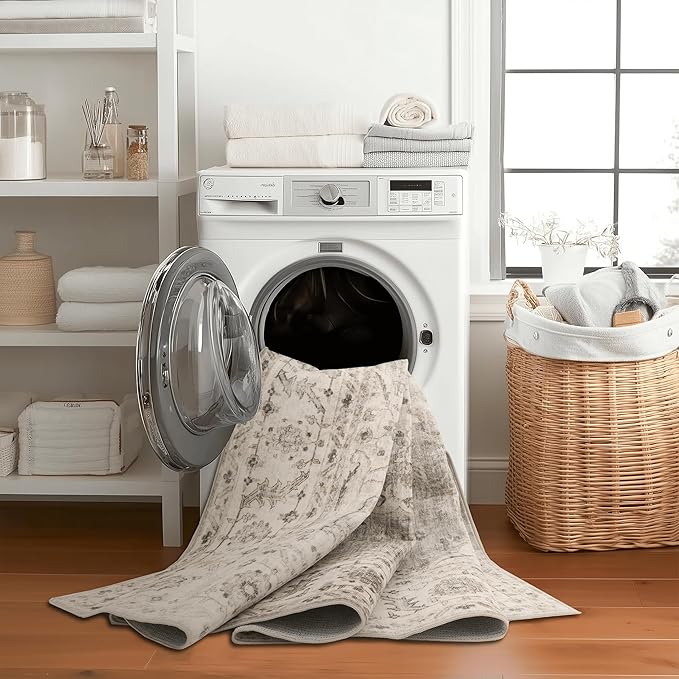 ReaLife Rugs Machine Washable Area Rug - Living Room Bedroom Bathroom Kitchen Entryway Office - Padded Low Pile Stain Resistant Premium - Boho Farmhouse Vintage - Joy - Beige Ivory 5' x 7'