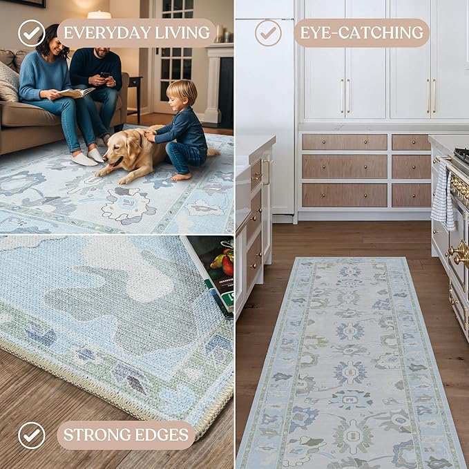 Fame Living Cream Blue Oushak Runner Rug, Modern Runners, Turkish, Eclectic, Floral, Pastel, Washable, Small Rugs, Short Runner for Hallway, Entryway, Laundry, Bedroom, Kitchen, Bathroom, 2'5"x6'5"