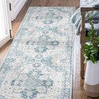jinchan Kelda Runner Rug 2x5 Hallway Rug Kitchen Washable Runner Vintage Mat Retro Print Lightweight Non-Slip Accent Floor Cover Distressed Thin Carpet for Entryway Bathroom Bedroom Laundry Room Blue