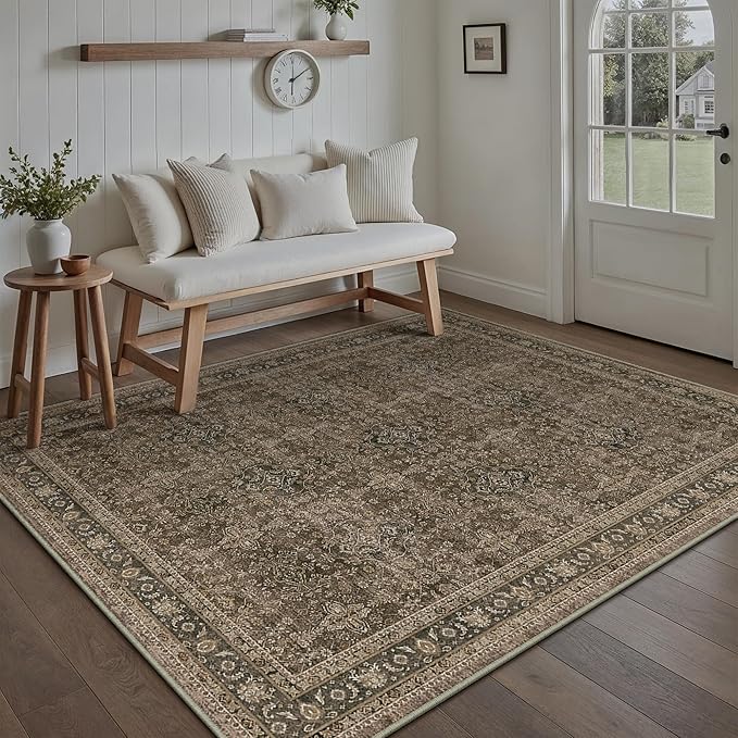 Entryway Area Rug 4x6 Brown Vintage Washable Office Carpet Traditional Distressed Indoor Entry Soft Non Slip Small Door Mat Retro Low Pile Thin Rug for Kitchen Laundry Bedroom