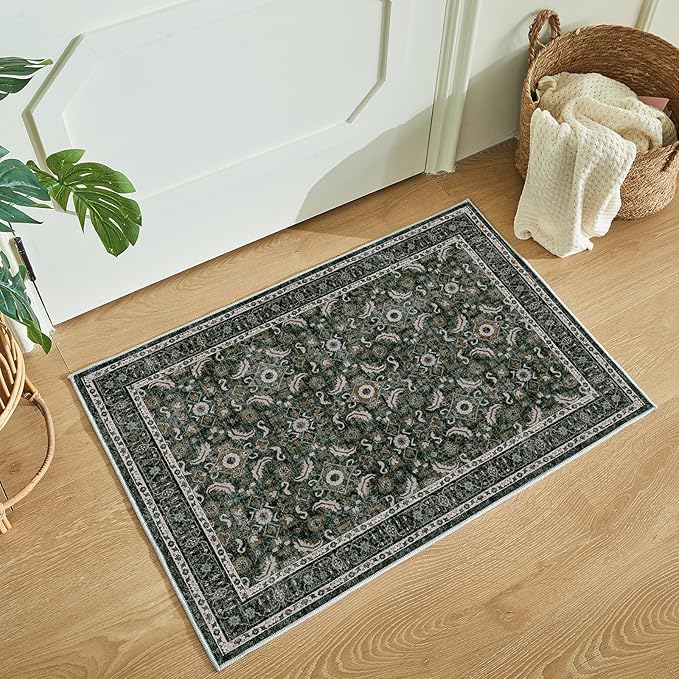 WITSHOCK Washable 2x3 Entryway Area Rug: Soft Non-Slip Backing Washable Rugs Vintage Flower Boho Accent Small Rugs for Bedroom, Kitchen, Bathroom, Nursery Entrance,Dark Green