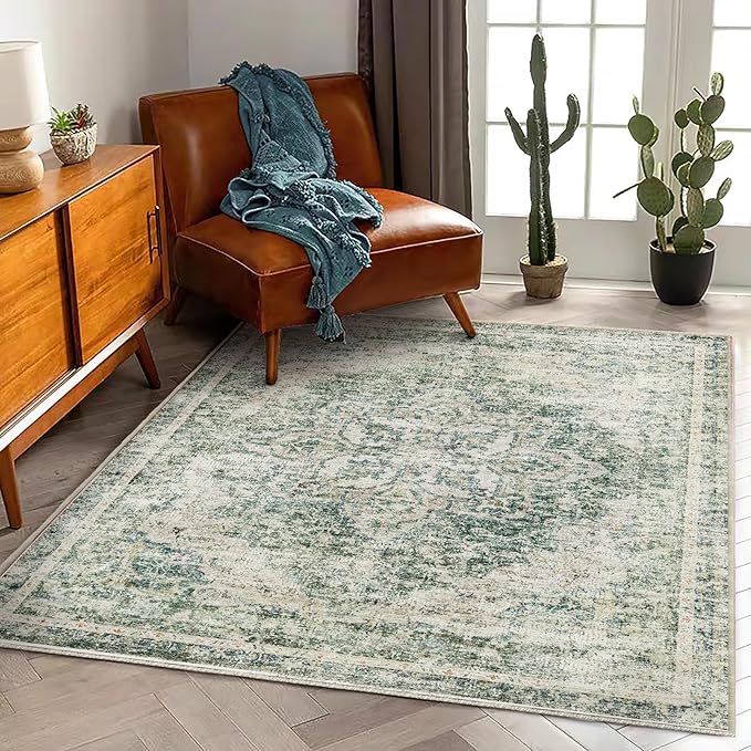 Washable Area Rug 4'x6' Vintage Traditional Floor Cover Foldable Thin Rugs Retro Kitchen Indoor Distressed Non Slip Carpet Floral Print Mat Bedroom Living Room