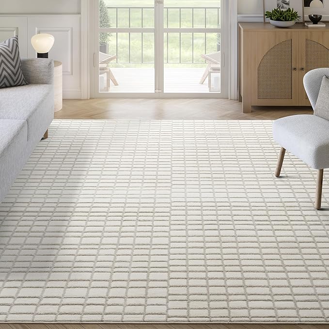 Abani Cream Grid Textured Area Rug - 8' x 10' - Chunky, Plush and Soft Washable Carpet - Perfect for Living Room & Bedroom - Plush Deco Collection