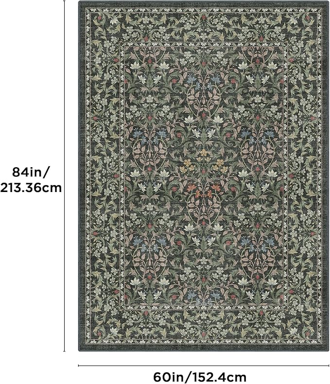 Bavni 5x7 Area Rugs for Living Room, Floral Rug Machine Washable Non Slip, Vintage Boho Forest Carpet, Soft Low Pile Thin Lightweight Rugs for Bedroom, Farmhouse, Dining Room Office, Emerald Green