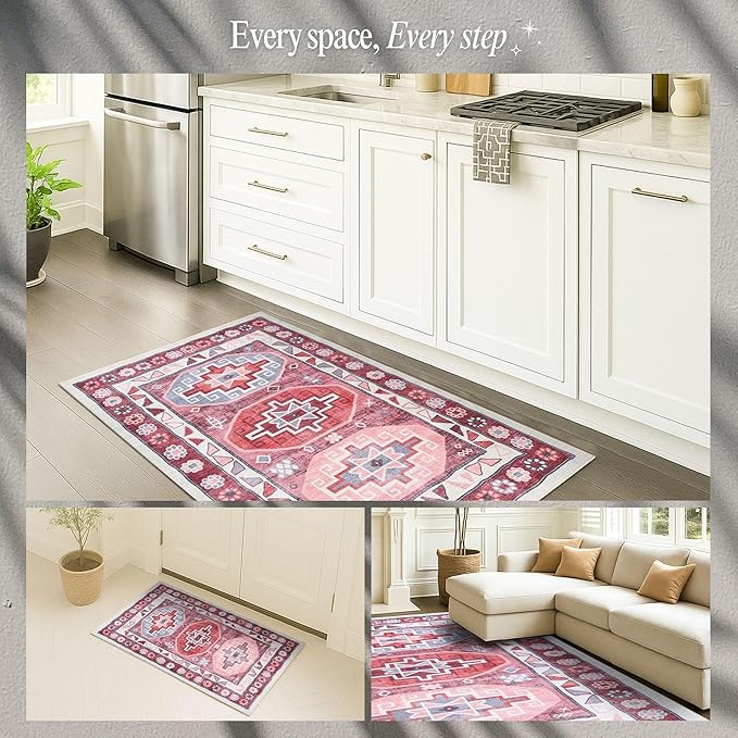 Turkish Rug. Washable Vintage Oriental Antique Inspired Traditional Doormat Small Modern Area Rugs Luxury Entryway Entry Bedroom Bathroom Kitchen (378RR, 2' x 3')