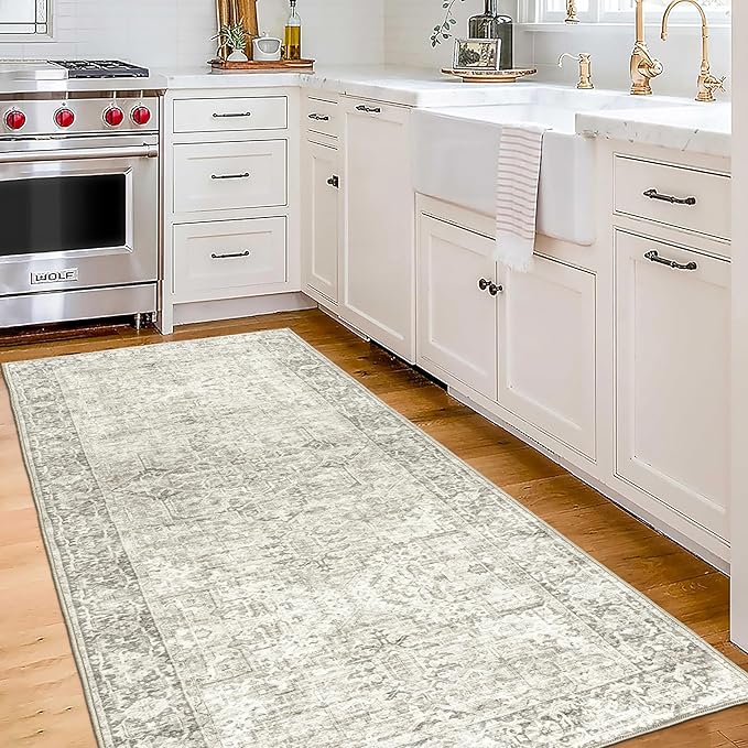 ReaLife Rugs Machine Washable Area Rug Runner - Living Room Bedroom Bathroom Kitchen Entryway Office - Padded Low Pile Stain Resistant Premium - Boho Farmhouse Vintage - Lyle - Beige Ivory 2'6" x 6'