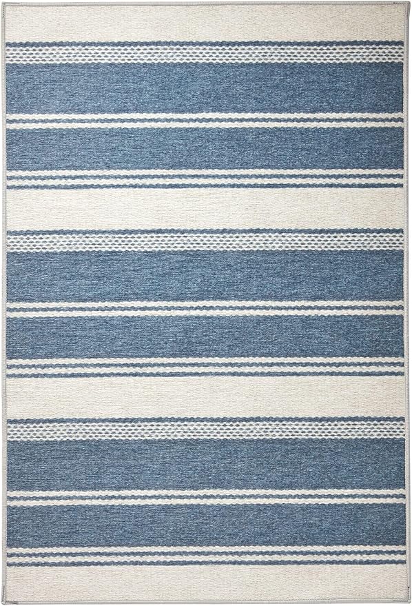 Dash & Albert Bowman Stripe Blue Machine Washable Rug, 5 X 8 Feet, Blue Stripe Pattern