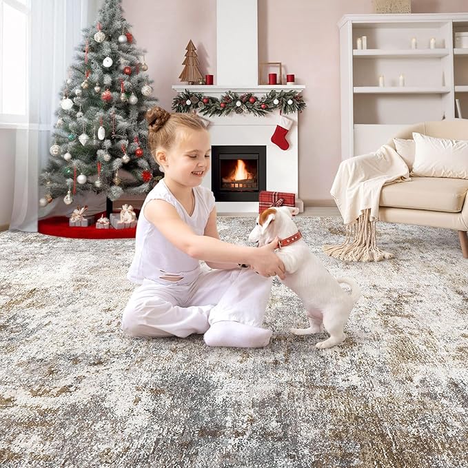 9x12 Area Rug Living Room Rugs - Washable Neutral Modern Abstract Soft Thin Large Rug Indoor Floor No Slip Rug Carpet for Bedroom Under Dining Table Home Office Decor - Brown Grey