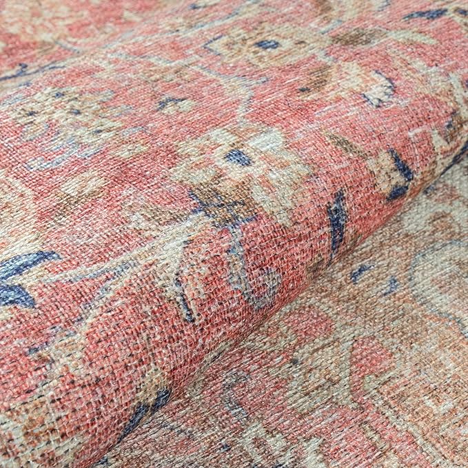 GLN Rugs Traditional Collection - Machine Washable Area Rug, Traditional Washable, Non Slip, Low Pile Chenille Rug, Living Room, Bedroom, Kitchen Rug (2'6" x 7' Pink/Cream)
