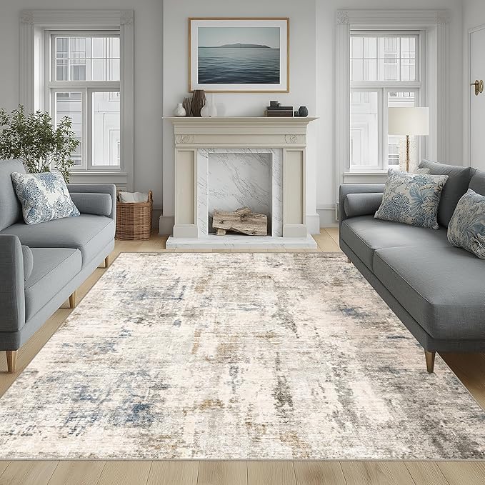 FMFUNCTEX 6x9 Washable Area Rug Brown Blue Neutral Abstract Modern Large Non Slip Carpet for Living Room Bedroom Soft Low Pile Indoor Mat Thin Accent Throw Rug for Dining Room Kitchen Office Nursery
