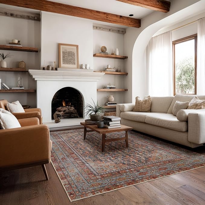 Kuden 8x10 Large Area Rug, Machine Washable Area Rug with Non-Slip Backing, Vintage Style, Soft, Easy Clean, Low Pile Rug for Living Room, Bedroom, Dining Room