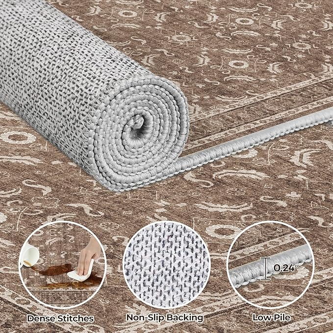 WITSHOCK Washable 2x4 Entryway Area Rug, Soft Non-Slip Rugs Vintage Flower Accent Small Rugs for Bedroom, Kitchen, Living Room, Nursery Entrance, Dark Brown