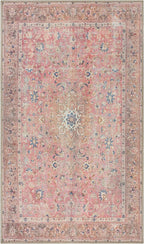 GLN Rugs Traditional Collection - Machine Washable Area Rug, Traditional Washable, Non Slip, Low Pile Chenille Rug, Living Room, Bedroom, Kitchen Rug (2'6" x 7' Pink/Cream)