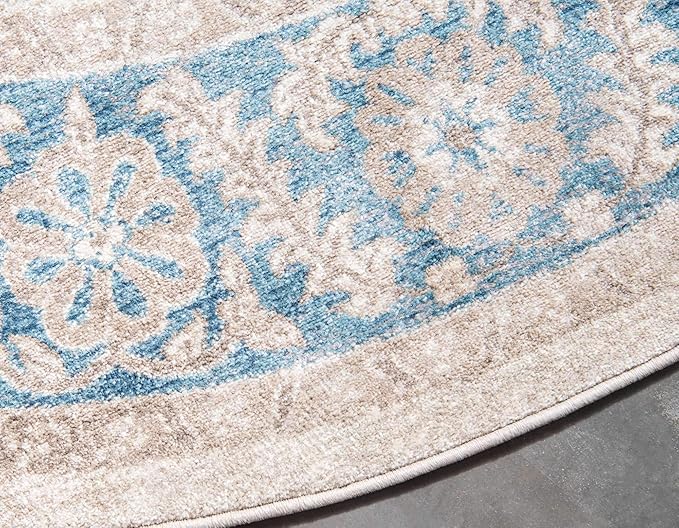 Unique Loom Salzburg Collection Classic Traditional Design Oriental Inspired Border Area Rug (8' 0 x 8' 0 Round, Beige/Blue)